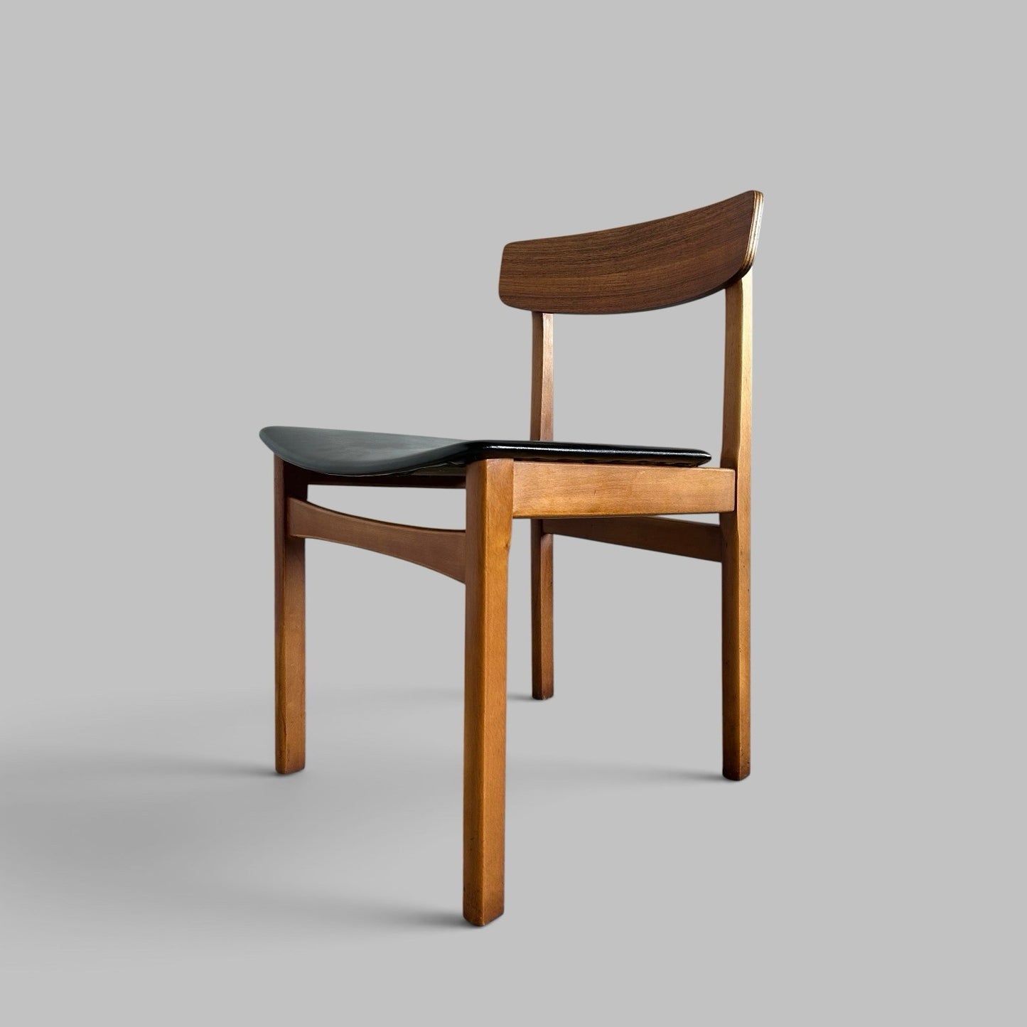 Vintage Teak Dining Chairs with Black Vinyl Seats – Set of Four