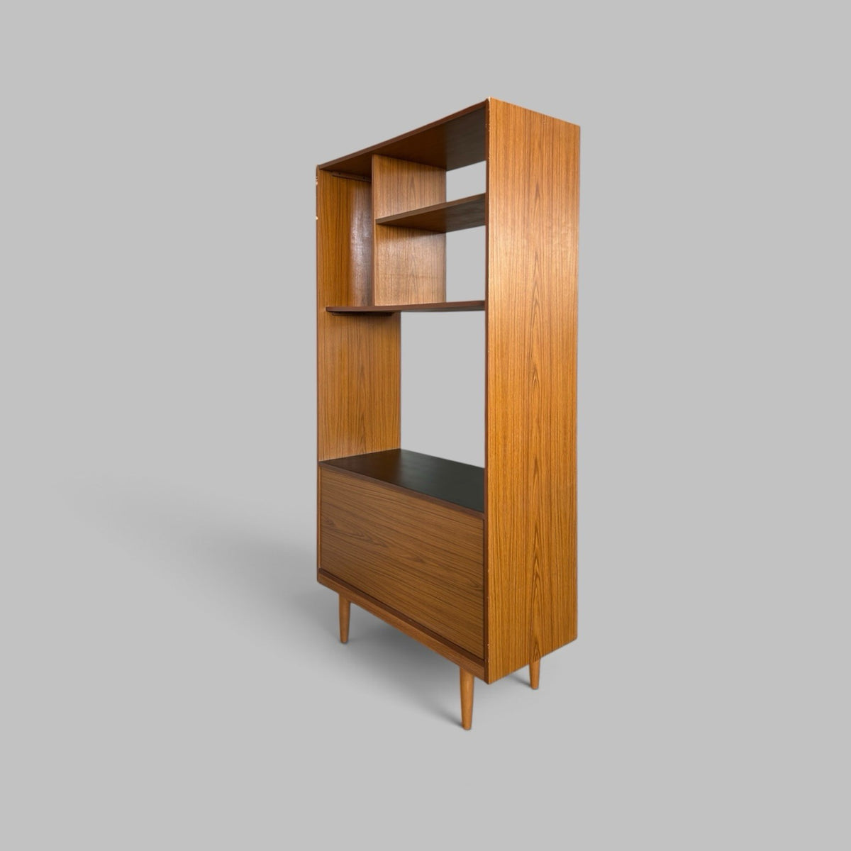 1960s Schreiber Teak Room Divider – Shelving & Sliding Cupboard