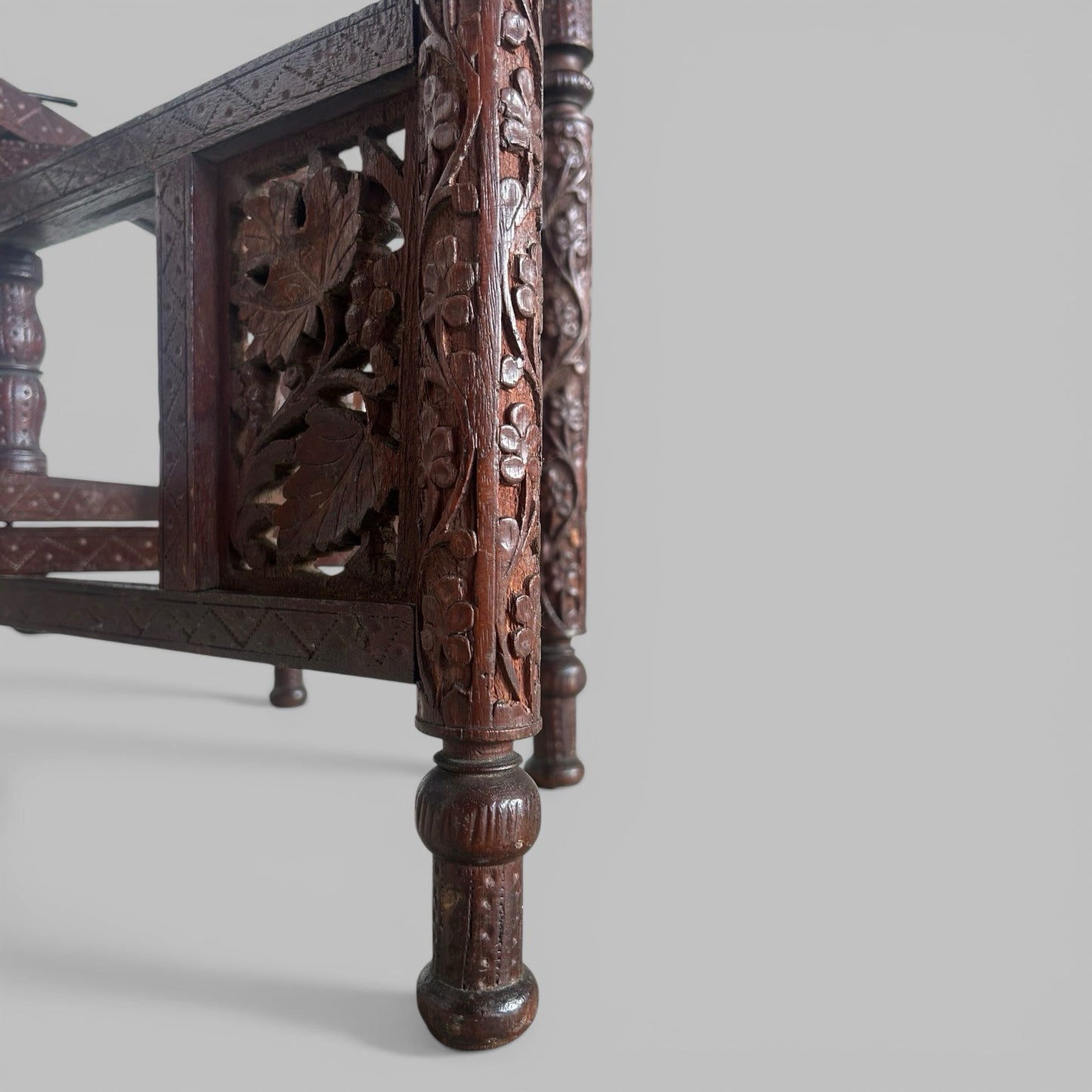 Carved Indian Folding Table with Brass Tray Top – Teak Base