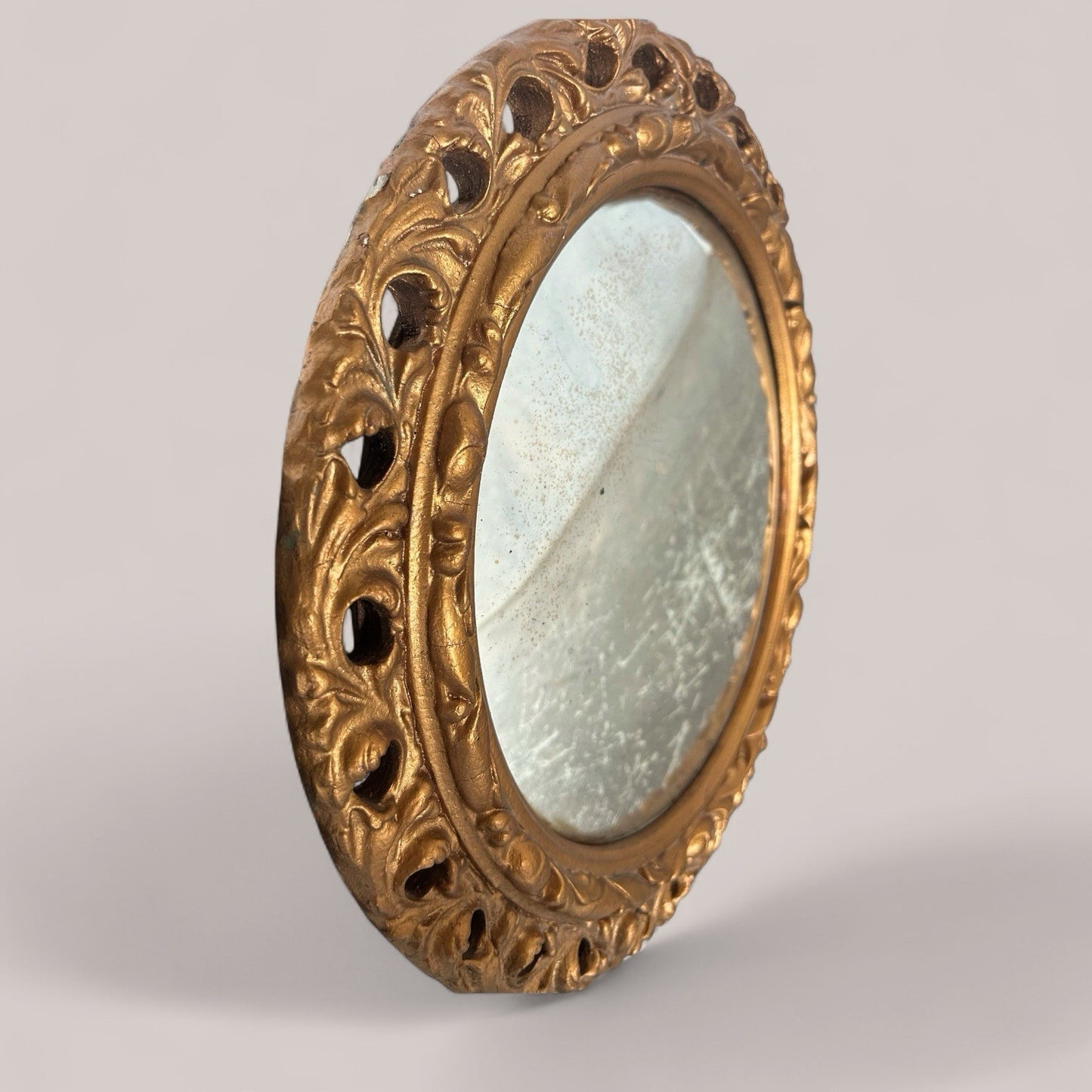 Antique Vintage Circular Carved Wood Framed Mirror with Convex Glass / Fish Eye