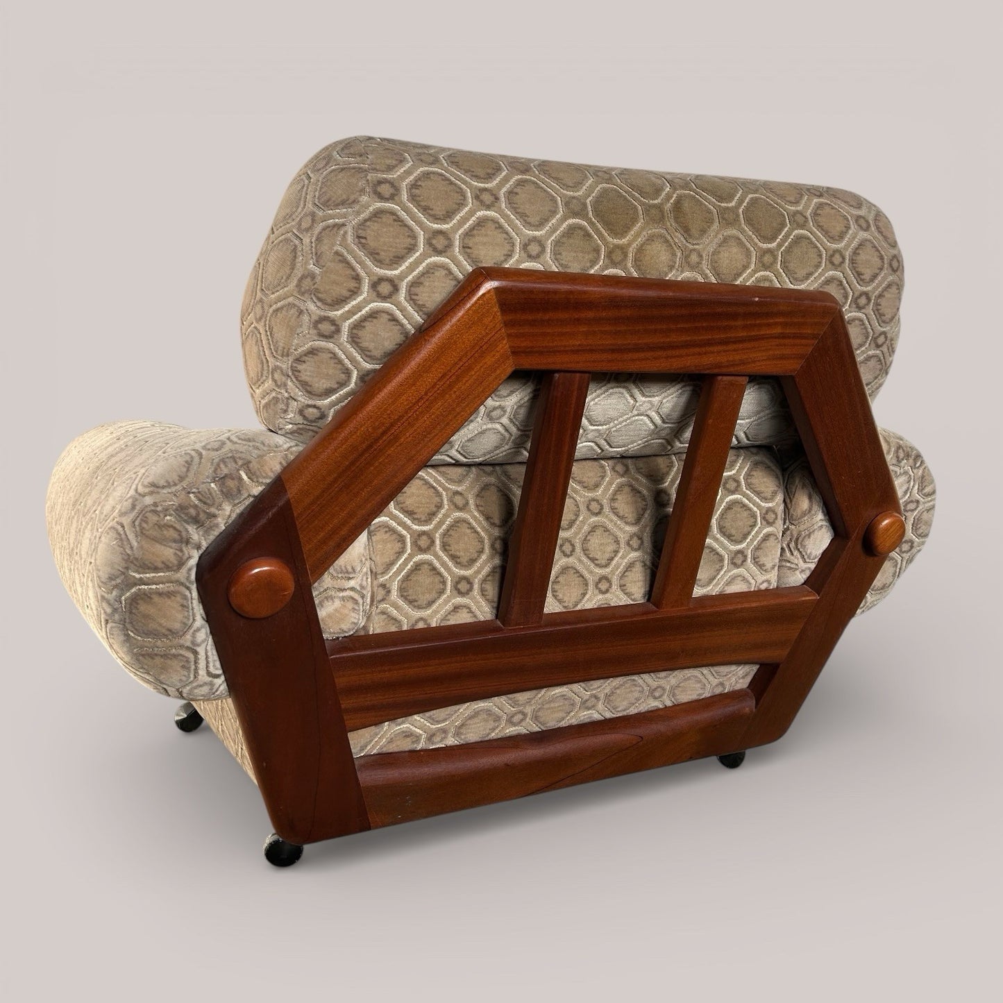 Mid-century teak armchair with velour upholstery | on castors