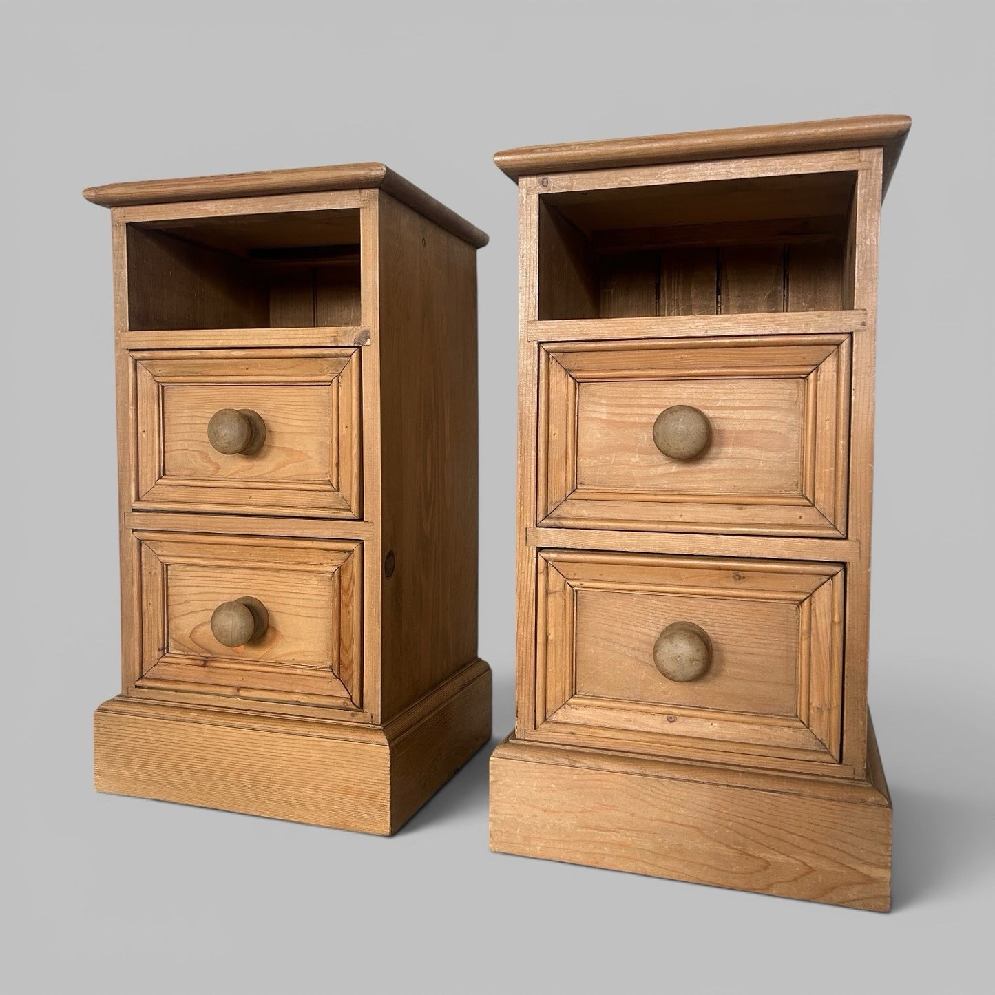 Vintage Pair of Pine Bedside Cabinets – Two Drawers & Open Shelf