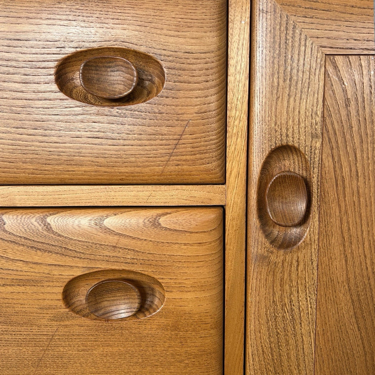 Vintage Ercol Solid Elm Windsor Sideboard on tapered legs.