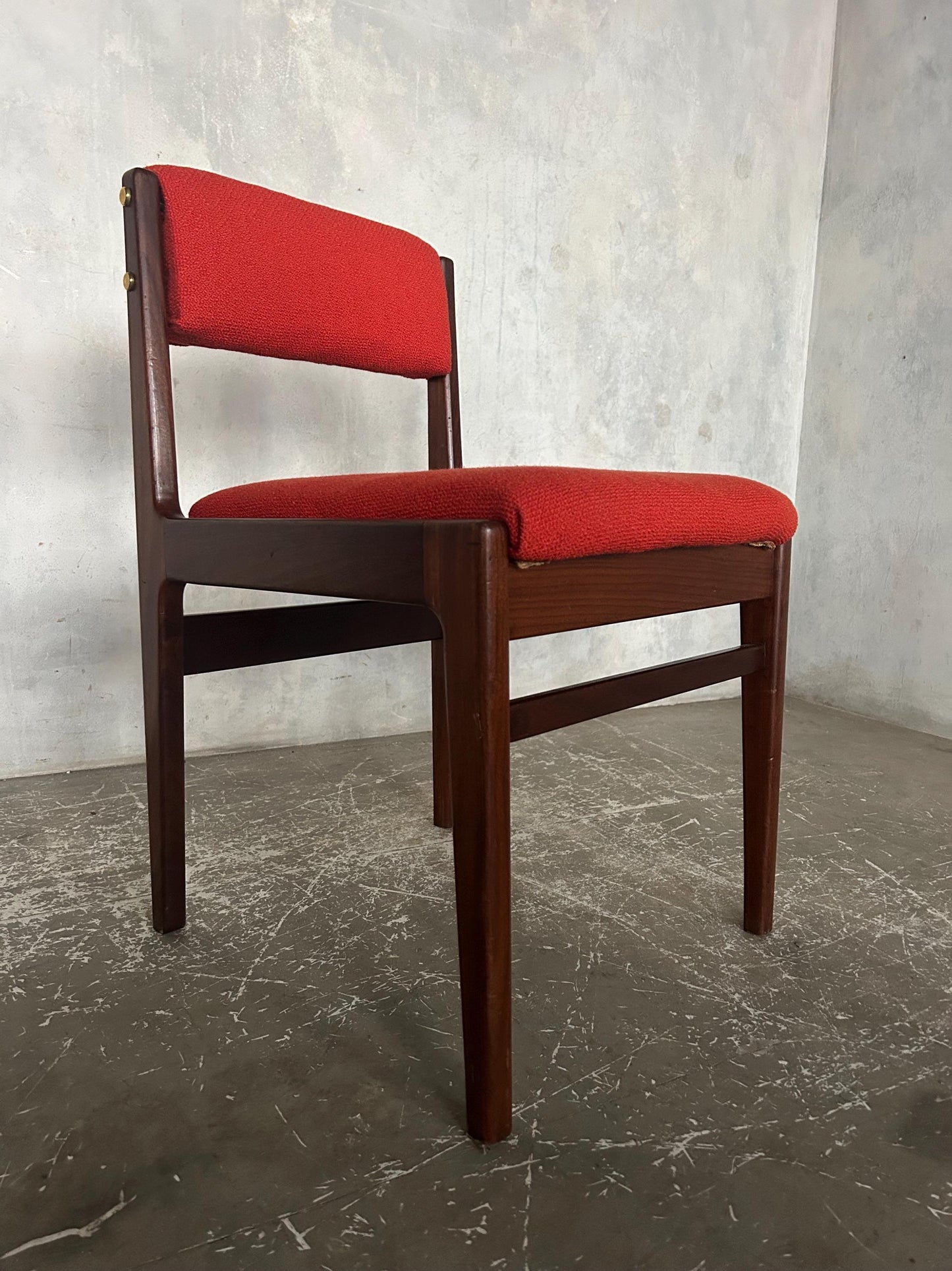 vintage midcentury teak dining chairs with red / burnt orange fabric to seat pads