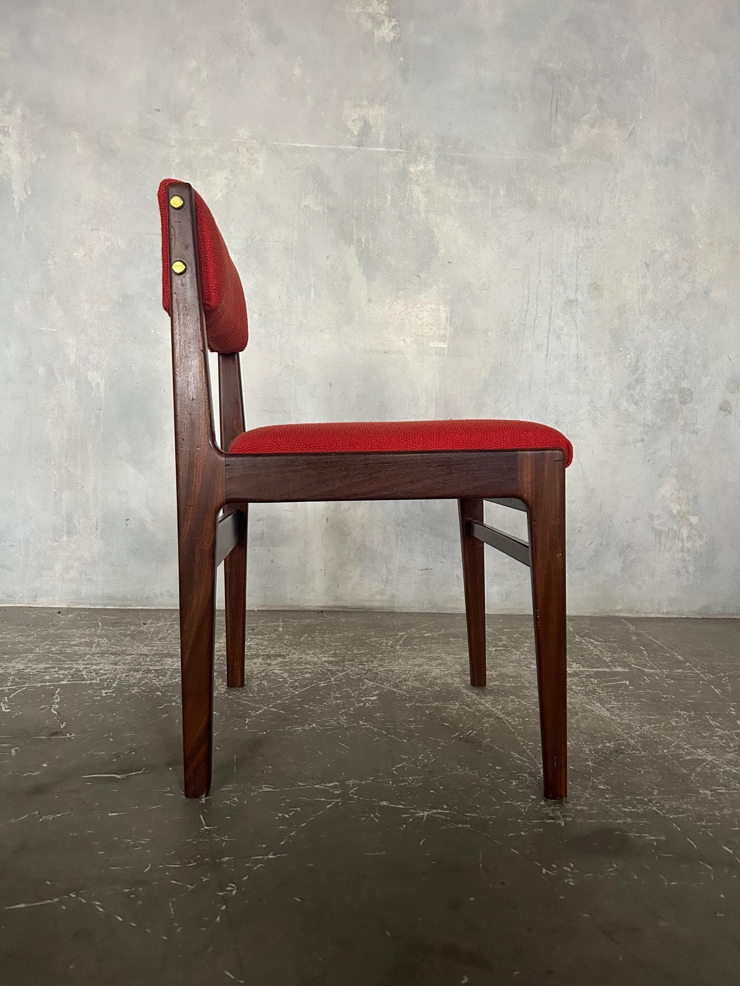 vintage midcentury teak dining chairs with red / burnt orange fabric to seat pads