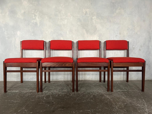 vintage midcentury teak dining chairs with red / burnt orange fabric to seat pads